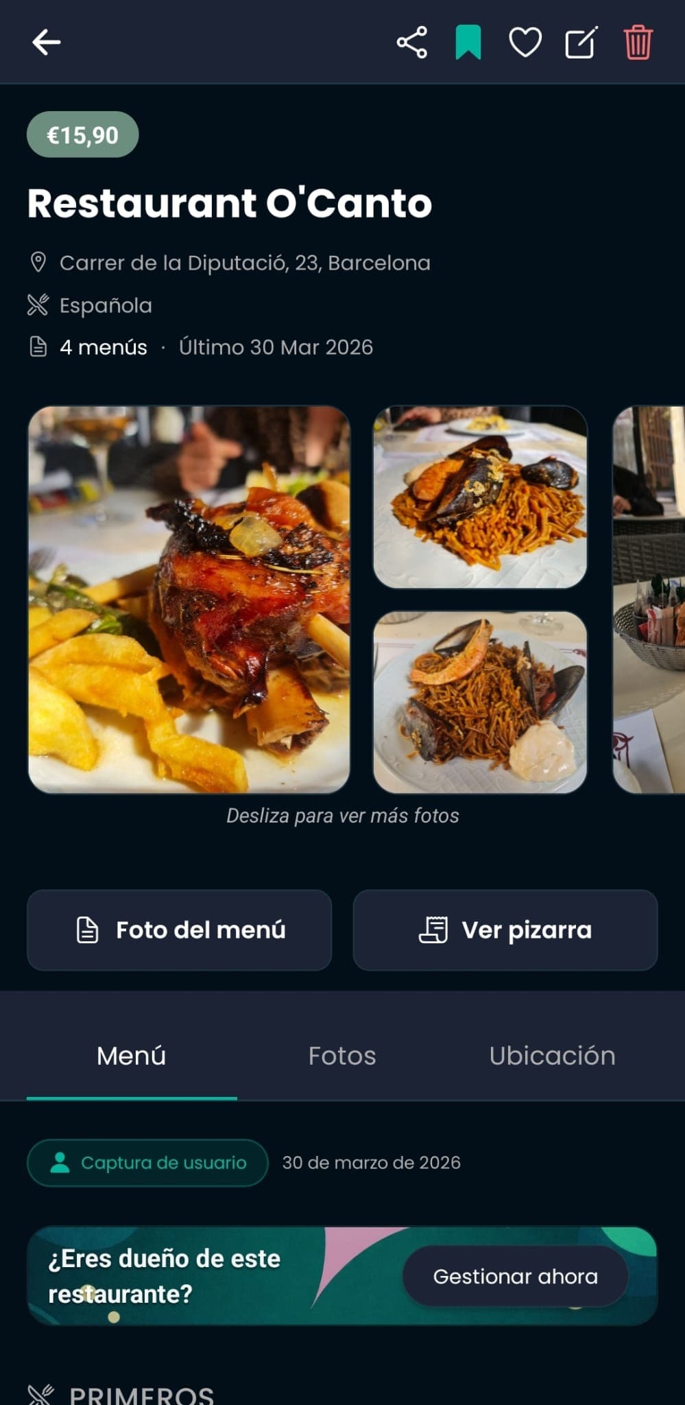 Detalle de menú del día en MenúHunter